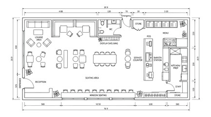 Cafe floor plan with dimensions © S.Siam