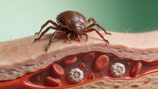 Macro view of a parasitic bed bug feeding on human skin surface blood vessel