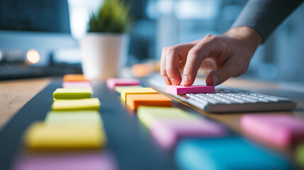 Fototapeta premium Close up of a person organizing colorful sticky notes on a desk while working at a computer keyboard in a modern office. Creative planning and productivity concept for business professionals