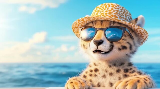 Cute cheetah cub wearing a summer hat and sunglasses by the sea, smiling at the camera. AI illustration for vacation, summer mood and animal theme.