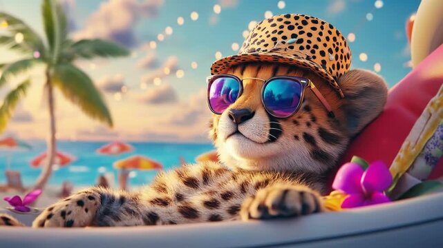 A cheetah with sunglasses and a leopard print hat relaxes on a beach chair with a tropical flower on the beach at a resort during a sunset.