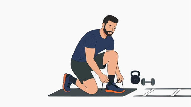 Man tying shoelaces on fitness mat with weights and sled track nearby vector style