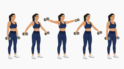 Fototapeta premium Woman performing dumbbell lateral raise exercise sequence for shoulder workout vector style