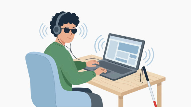 Blind person using laptop with headphones and cane on desk vector style