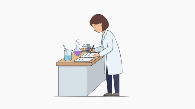 Scientist in lab coat writing notes at a desk with beakers and test tubes vector style