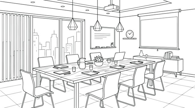 Modern boardroom interior with conference table and projector screen