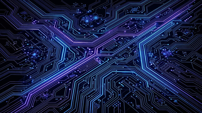 circuit board with blue and purple lights on a black background