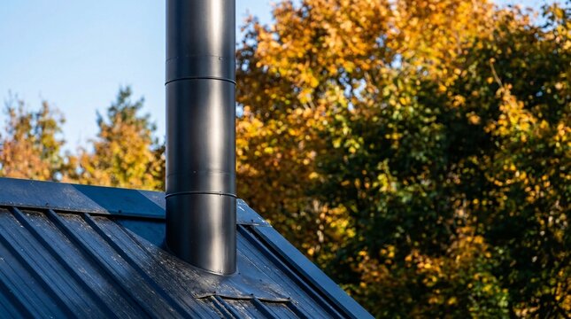 Sleek matte black modern metal chimney pipe protruding from a dark blue corrugated steel roof of a contemporary home against a clear sky.