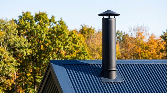 Sleek matte black modern metal chimney pipe protruding from a dark blue corrugated steel roof of a contemporary home against a clear sky.
