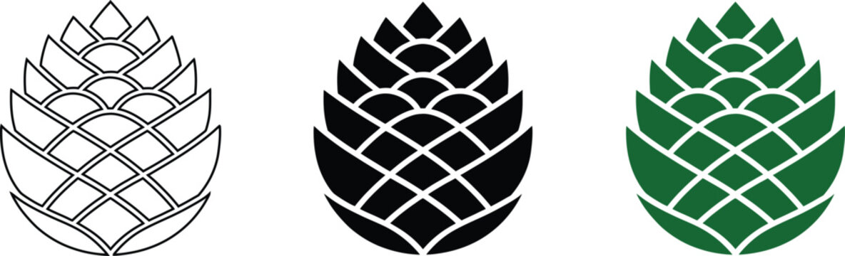 Three stylized pine cone outline, black, and green evergreen nature