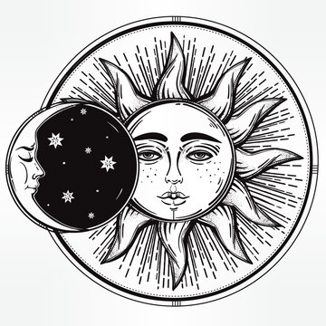 Black and white portrait of a woman with radiant sunburst and stars