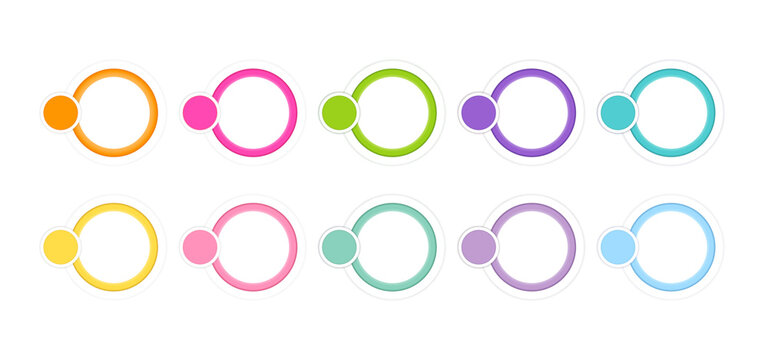 Collection of colorful circular infographic elements with labels and glossy rings isolated on light background. Modern business template design set.