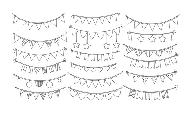 Collection of hand drawn doodle style party bunting flags and banners celebration