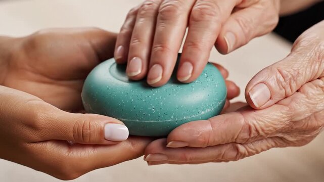 Generations hands holding speckled turquoise soap bar