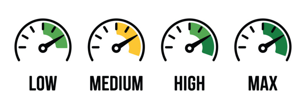 Dashboard gauge vector icons set with low to max speed indicators for energy, power, and performance ranking design.