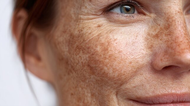 Close up of Mature Female Face with Freckles and Sun Damage Texture for Skincare and Aging Concept