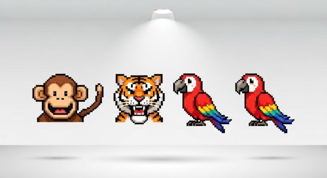 Pixelated animals monkey tiger and parrots in a bright minimalist setting