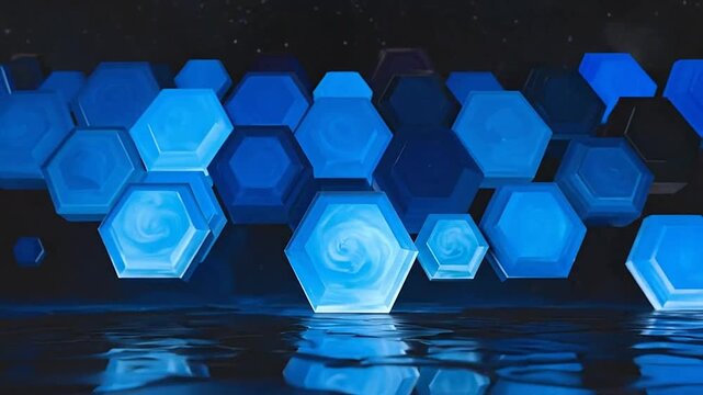 Abstract blue hexagonal shapes reflecting on a watery surface with a dark background