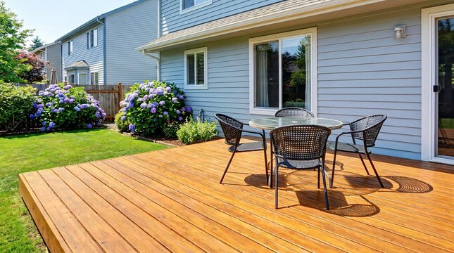 Stained cedar wood deck attached to a light blue suburban home furnished with modern black patio chairs overlooking a vibrant green summer lawn.