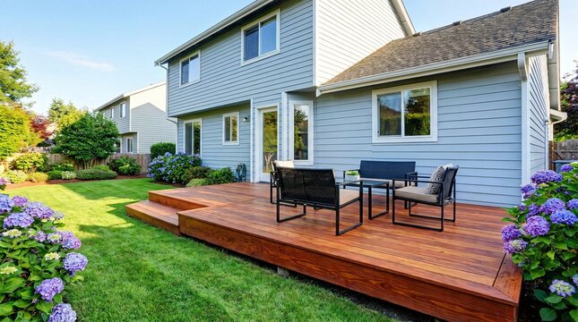 Stained cedar wood deck attached to a light blue suburban home furnished with modern black patio chairs overlooking a vibrant green summer lawn.