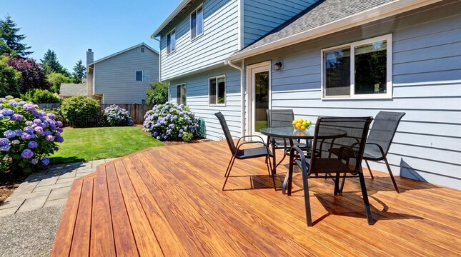 Stained cedar wood deck attached to a light blue suburban home furnished with modern black patio chairs overlooking a vibrant green summer lawn.