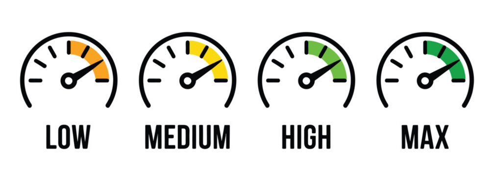 Analog speed level indicator icon set showing low, medium, high, and maximum gauge dials for performance measurement.