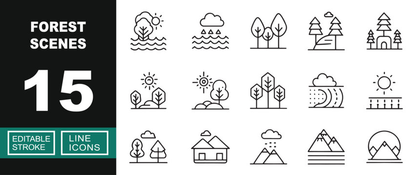 Forest Scenes line icon set. Vector pictograms of tree, lake, rain, forest, wood, mountain, sun, landscape, clouds, cabin, snow, hills, nature, pine. Editable stroke.