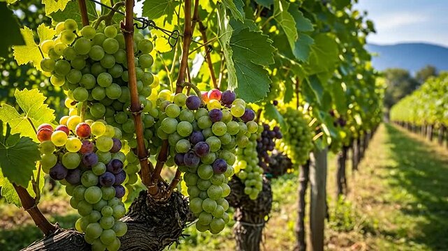 A beautiful view of a vineyard with ripe grapes ready for harvest in the sunshine