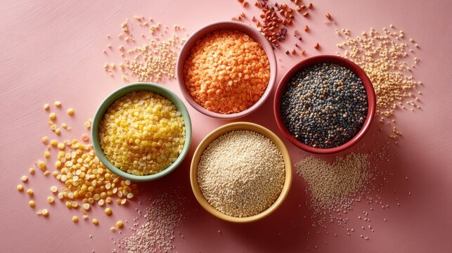 Bowls filled with vibrant grains and legumes create a bright and cheerful display. The varied textures and colors of buckwheat, quinoa, bulgur, lentils, and oatmeal invite culinary creativity