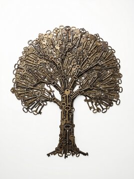 Tree Made of Vintage Skeleton Keys on White Background