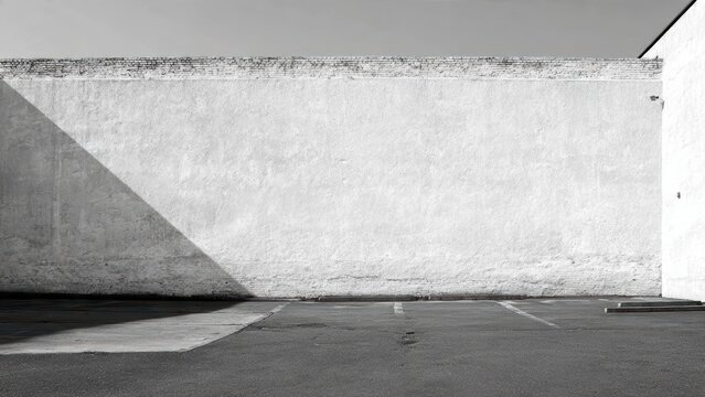 Minimalist urban scene with empty parking lot and high concrete wall in black and white