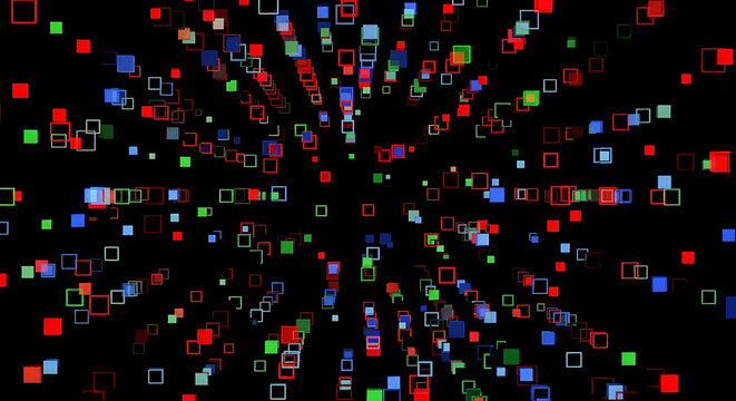 Abstract background with colorful squares floating in a dark space creating a tunnel effect