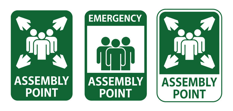 Emergency assembly point icon set with evacuation meeting symbols for workplace safety and guidance graphics.