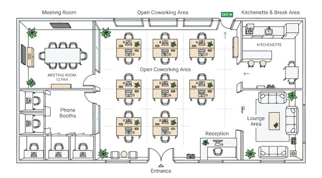 Simple floor plan of a small coworking office with meeting room, phone booths, open desks, and kitchenette