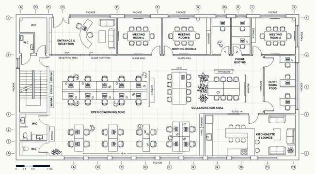 Detailed architectural floor plan of a modern coworking hub with multiple meeting rooms