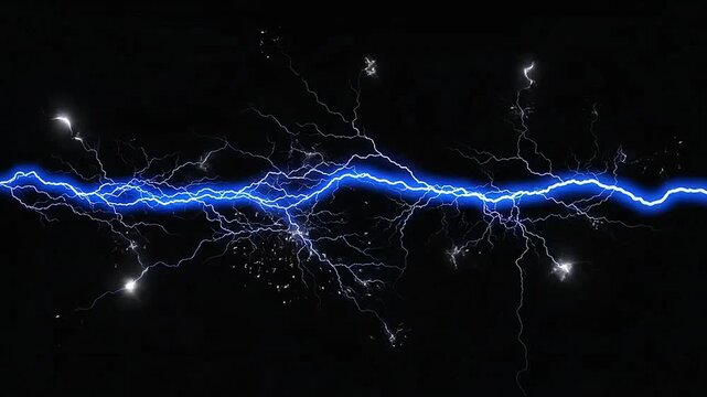 A bright blue lightning bolt strikes across a dark black background dramatically