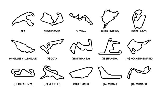 Motor racing circuit outlines with labels arranged in grid