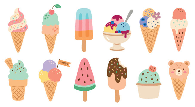 Cute summer icecream set. Refreshing sweet dessert collection. Tasty colorful vector illustration.