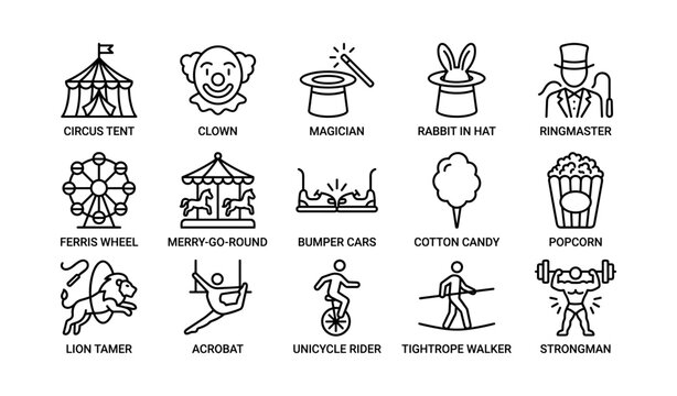 Circus and amusement icons featuring performers and concession items