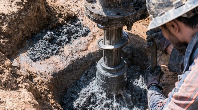 A drilling rig boring a groundwater well, with drill cuttings and formation water emerging at the surface.
