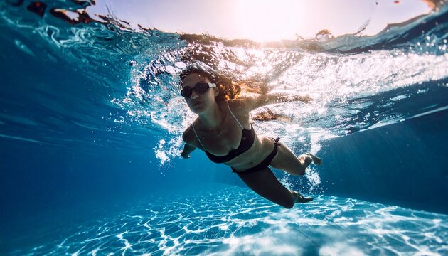 泳いでいる女性を水中から見上げたアングルの写真