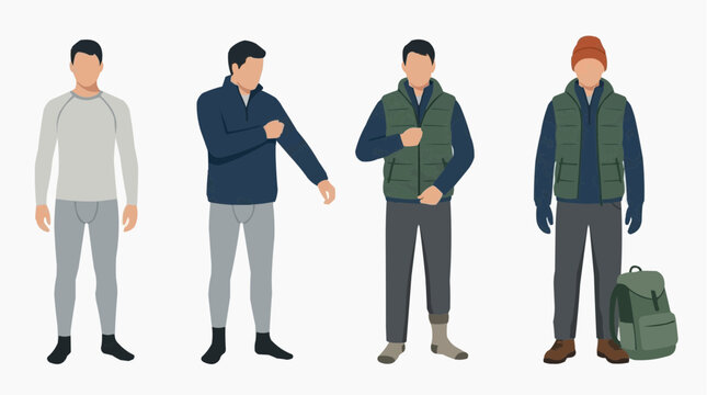 Man layering clothing for cold weather outdoor activities illustration vector style