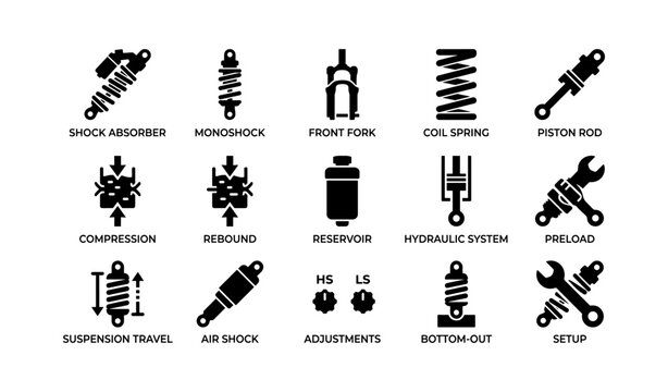 Suspension icons displaying shock absorber components on white