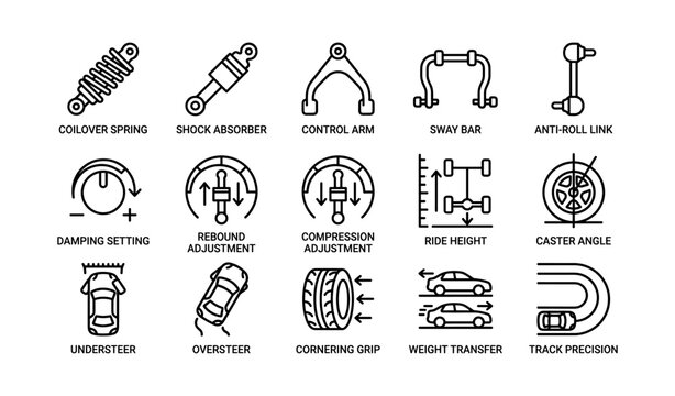 Vehicle suspension and handling icons on white background