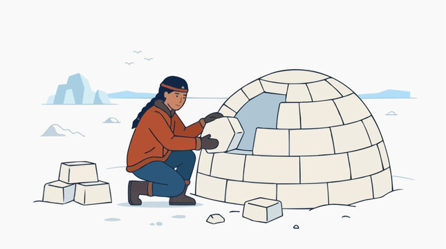 Indigenous person building an igloo in a snowy arctic landscape with icebergs vector style