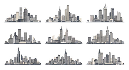Fototapeta premium Collection of nine detailed hand-drawn city skylines in black and white.