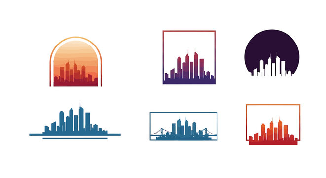 Collection of stylized city skyline logos in various shapes and colors.