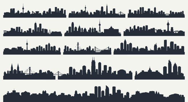 Collection of various city skylines silhouettes featuring famous landmarks.