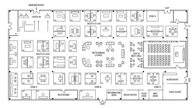 Exhibition hall floor plan with booths and networking lounge