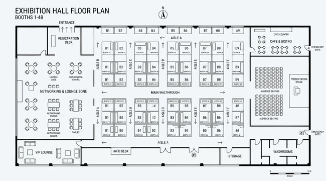 Exhibition hall floor plan with booths 148